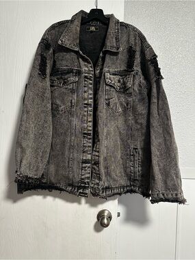 Lucky & Blessed Black Distressed Denim Jacket 2X